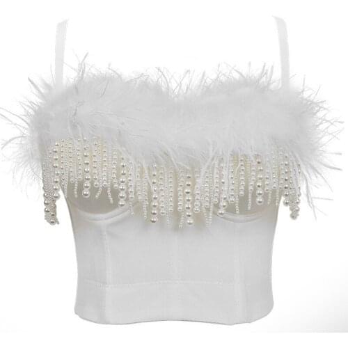 Fashion Luxury Feather Pearls Tassel Women Tops Black White Jazz Hip-Hop costume Crop Top Banquet Nightclub Female Top Vest