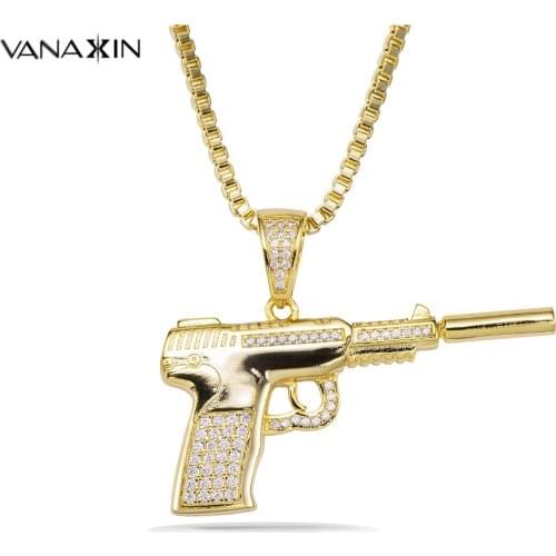 VANAXIN Machine Gun Pendants Necklaces For Men Gold Color Punk Jewelry Cubic Zircons Inlaid Stone Punk Pistol Necklace