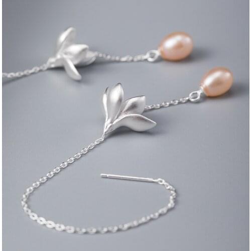VLA 925 Silver Long Magnolia Earrings Womens Pink Pearl Flower Ear Thread Temperament Gentle RETRO Art Earrings