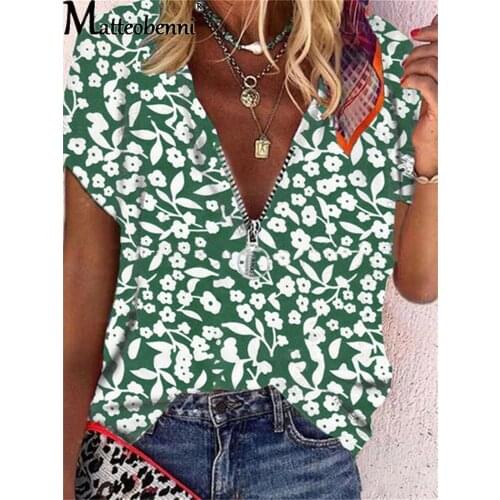 2021 Womens Fashion Loose Casual Floral Print Short Sleeves Vintage Printed Zipper V-Neck Plus Size Summer Shirt Tops T-Shirt