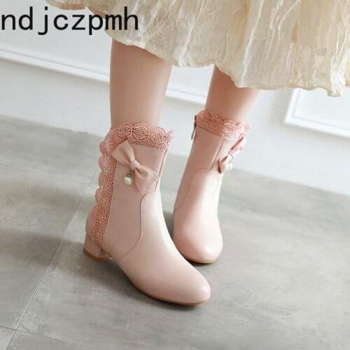 Womens Boots New winter butterfly Knot zipper fashion Low-heeled Ankle boots Womens shoes plus size 28-43 Heel Height 2.5cm