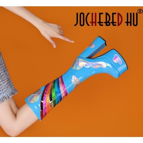 【JOCHEBED HU】Winter Knee Rainbow High Boots Women Natural Block High Heel Long Boots Flower Zipper Shoes Ladies Big size 35-46