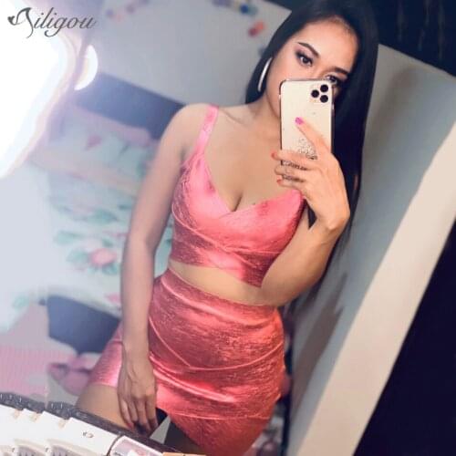 Ailigou lWholesale Summer Style Sexy V-Neck Halter Bronzing Two-Piece Bodycon Bandage Dress 2020 Elegant Party Set Vestido