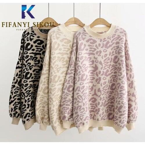 Leopard Print Knitted Sweater Women Autumn Winter Fashion O-Neck Long Sleeve Pullover Female Loose Warm Sweaters Knit Tops