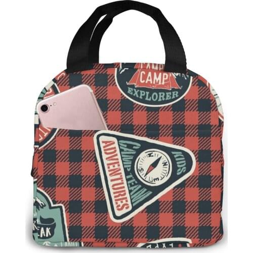 Mountain Exploring Adventure Badges Lunch Bag Portable Insulated Thermal Cooler Bento Lunch Box Tote Picnic Storage Bag Pouch