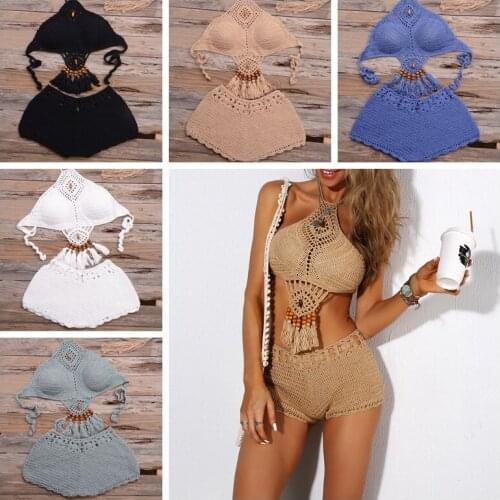 2020 New handmade crochet tassel crop Tops+ short bottom cover up sexy women kintted casual beachwear swimwear cover ups
