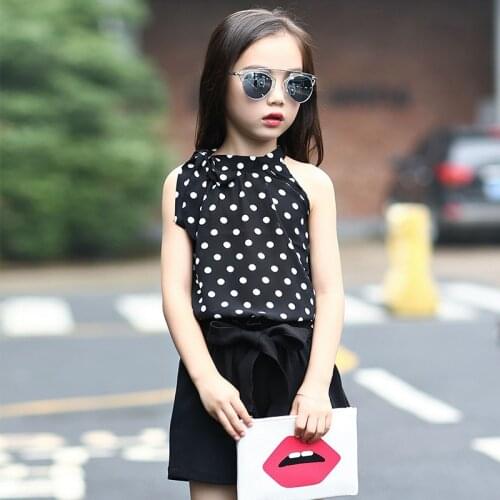 2021 Summer Girls Chiffon Teenager Kids Clothes Polka blouse Bow White T-Shirt blouse + hot short Pants 5 6 7 8 9 10 11 12 year
