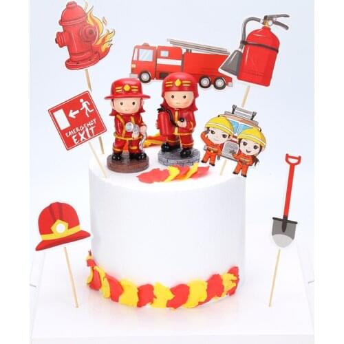 7pcs Fireman Fire Truck Cupcake Toppers Fire Hero Cake Topper FireFighter Baby Shower Kids Birthday Cake Decorating Accessories
