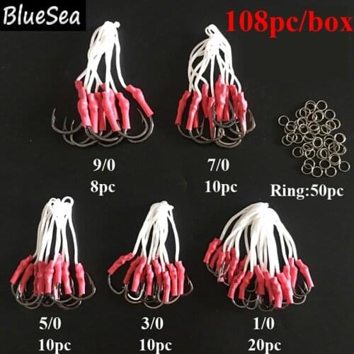 BlueSea 108pcs/box 10827 Stainless Steel Assist Hooks Jig Assist Fish Hooks Jigging Bait With PE Line Split Ring For Sea Fishing