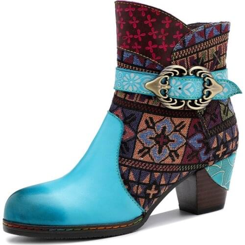 Embossed Women Boots Rose Genuine Leather Splicing Low 5CM Thick Heel Ankle Boots Zipper Elegant Ladies Shoes Women Shoes Blue