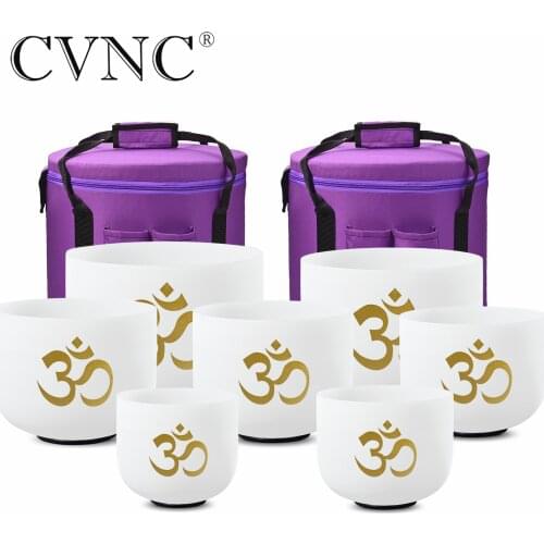 CVNC 6"-12" set of 7pcs Note CDEFGAB Chakra Frosted Quartz Crystal Singing Bowl with OM Design