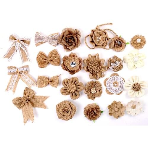 1 set Handmade Jute Hessian Burlap Rose Flowers Bow Vintage Rustic Wedding Christmas Party Festival Home Decoration DIY Craft