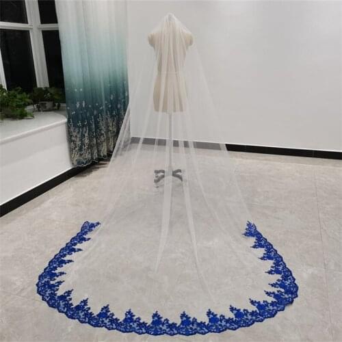 Royal Blue Long Bridal Veils With Comb Single Layer White Ivory Tulle Bridal Accessories for Brides Sequins Lace Edge 3 metres