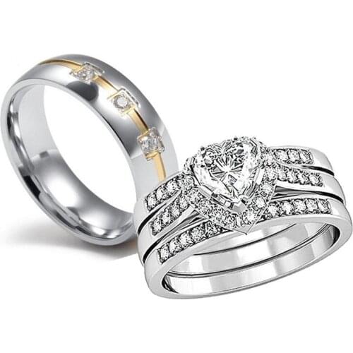 His and Her Couple Ring Luxury Jewelry 10KT White Gold Filled Stainless Steel 5A Zirconia Crystal Women Wedding 3 IN 1 Band Ring