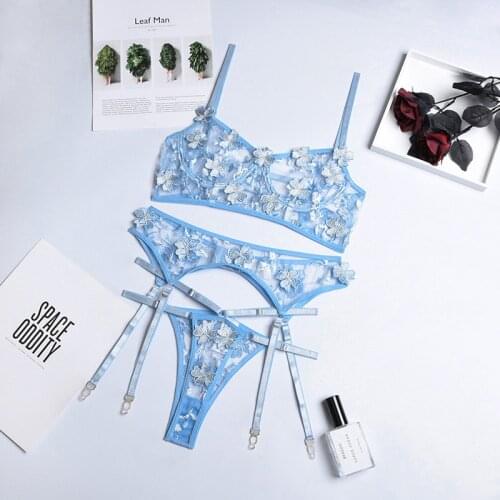 3 Pieces Set Women Sexy Embroidery Sensual Lingerie Underwear with Garter Erotic Bra and Brief Sets Transparent Exotic Underwear