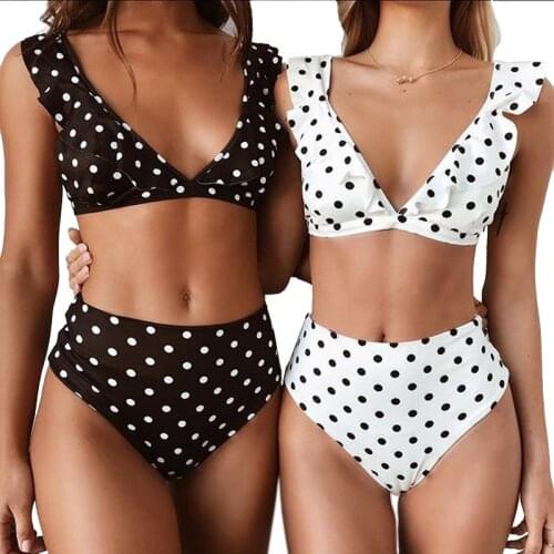 2020 ruffled deep V bikini swimsuit black and white wave dot print sexy swimsuit two piece bathing suit women