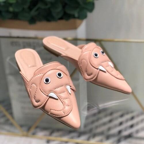 Summer Sweet Pink Elephant Patched Flats Slipper Girls Real Leather Pointed Toe Leisure Outdoor Slide Shoes Mujer Zapatos