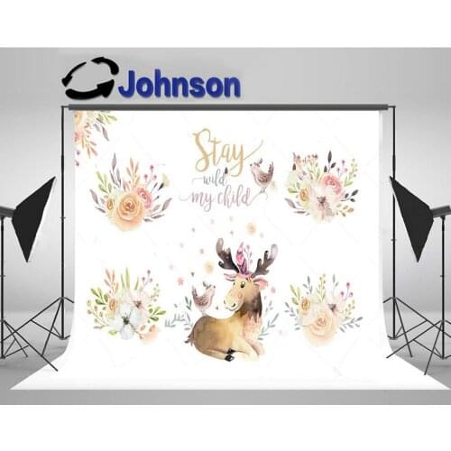Moose Cute Watercolor Bohemian Animal Forest Baby Shower Flower photo backdrop Computer print party background