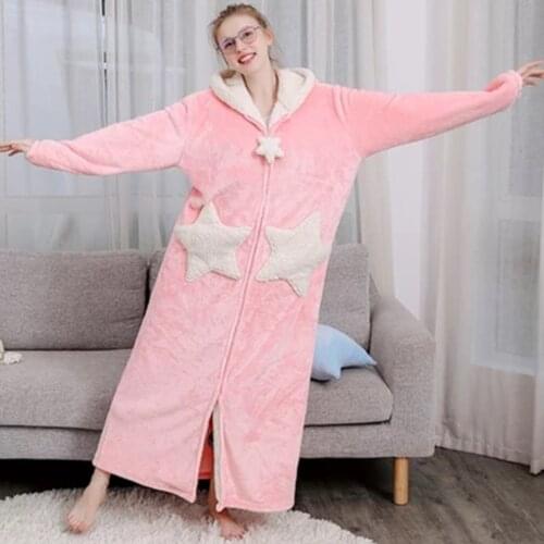 Nightgown Women Men Autumn and Winter Long Thick Coral Velvet Bathrobe Lovers Flannel Pajamas Stars Moon Nightdress