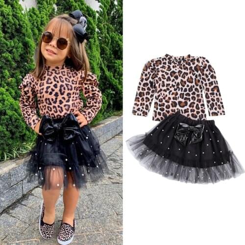 Autumn Fashion Kids Girls Leopard Clothes Sets 2pcs Long Sleeve Pullover T Shirts Tops Pearl Lace Bow Tutu Skirts
