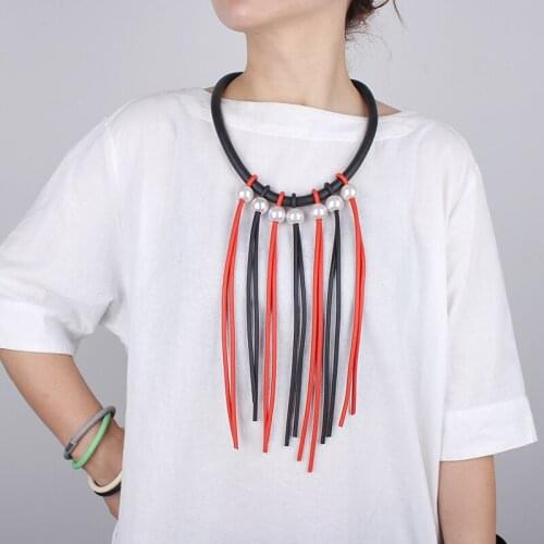 Steampunk Pearl Beads Necklace Punk Style Black Red Long Tassel Choker Necklace Charms Female Pearl Jewellery Night Wear Decor