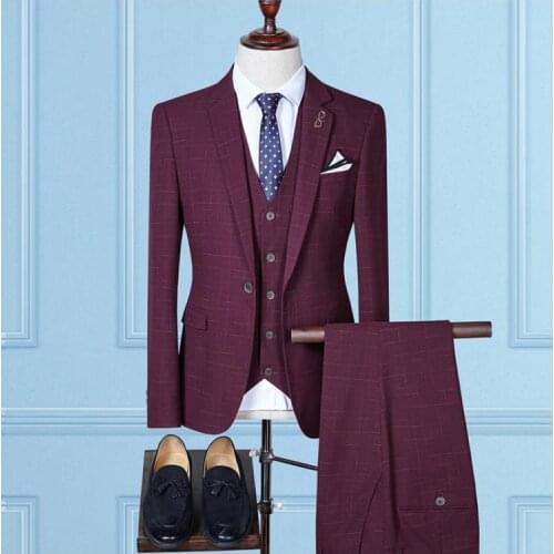 Jacket+Vest+Pants) 2019 High Quality Formal Mens Suit Wedding Blazer Suit Men Burgundy Black Grey Terno Masculino Slim Fit Suit