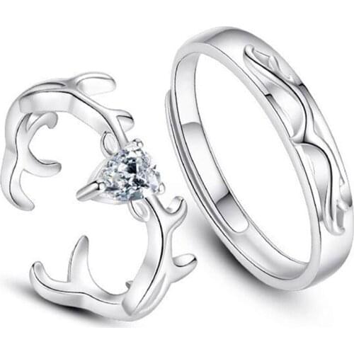 Simple Crystal Elk Antlers Adjustable Rings Deer Horn Zircon Lovers Couples Rings For Women Men Engagement Xmas Jewelry