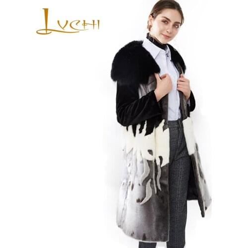LVCHI Winter 2019 Imported Velvet Mink Coat Womens Natural Fur Patchwork Contrast Color Print Long Sleeve O-Neck Mink Fur Coats