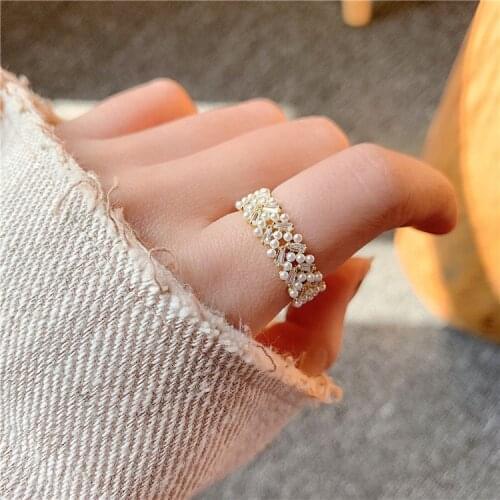 Super Fairy Jewelry Adjustable 14k Gold Plated Handmade Pearl Zircon Paved Ring for Women Bride Wedding Sweet Fablous Accessory