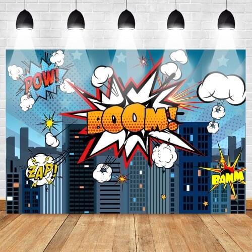 Super Hero Theme Photography Backdrop Cartoon Children Birthday Background Children Stripes Boom Cityscape Landscape Photo Booth