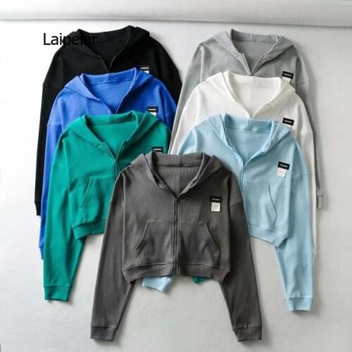 Zipper Hoodies Women Drawstring Sweatshirt Casual Plain Long Sleeve Pocket Cropped Jacket Thin Short Tops Ladies Clothing