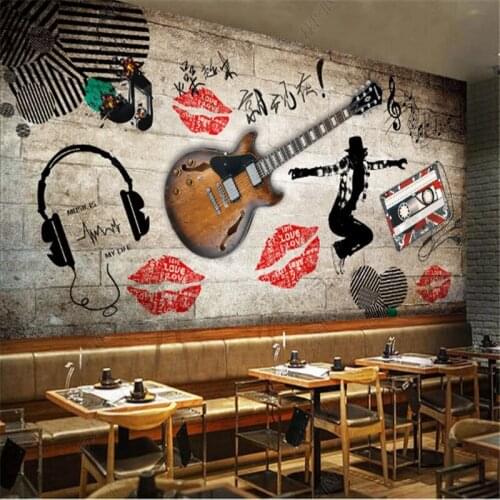 European and American Guitar WallPapers Industrial decor Music Bar Restaurant KTV Background Wall Paper Mural papel de parede