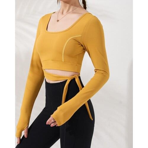 Yoga Shirts Women Autumn New Various Ways To Wear Bandage Tight Long-Sleeve U-Neck Workout Running Sports Tops With Chest Pad