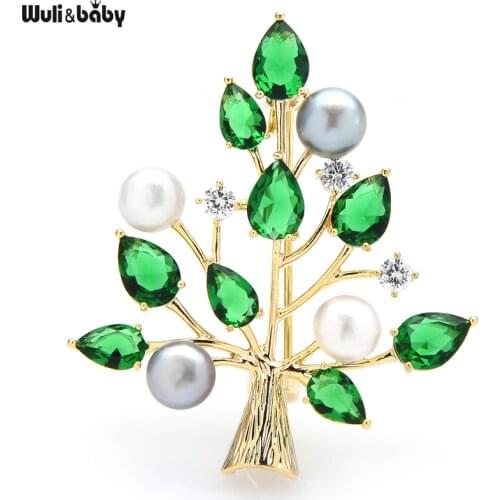 Wuli&baby Pearl Green Rhinestone Tree Brooches For Women Weddings Party Brooch Pin Gifts