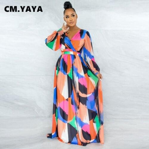 CM.YAYA Women Long Dress Print Full Sleeve V-neck Bandage Backless Loose A-line Maxi Dresses Vintage Party Vestidos Autumn 2021