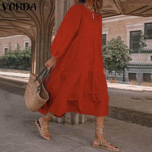 VONDA 2021 Autumn Solid Dress Fashion Womens Sundress Casual Puff Sleeve Maxi Vestidos Female O Neck Robe Party Beach Dress 5XL