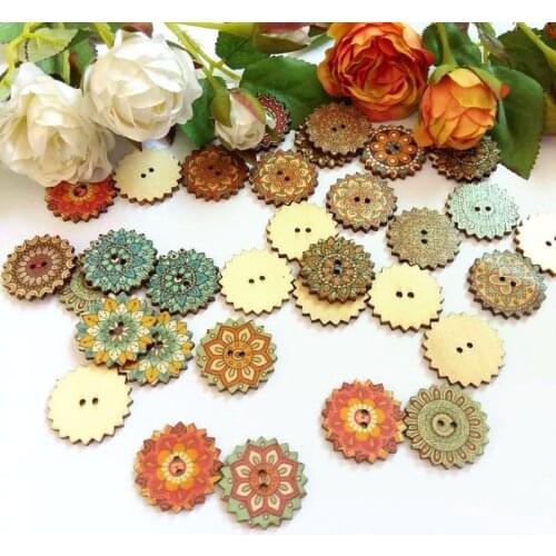 50pcs 20mm/25mm Wooden Mixed Round Pattern Vintage flower Buttons Handmade Craft DIY Decoration Clothing Accessories Sewing