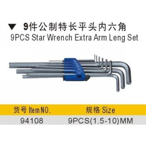 BESTIR taiwan 9pcs 1.5,2,2.5,3,4,5,6,8,10mm metric extra extra Long Arm flat allen key wrench set NO.94108 freeship