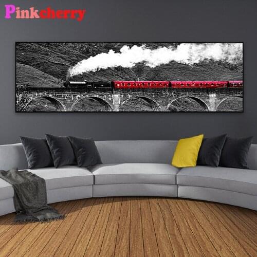Red Train Diamond Painting Full Round Square Big Size 5D DIY Diamond embroidery Mosaic Crystal Diamond art Black White Decor