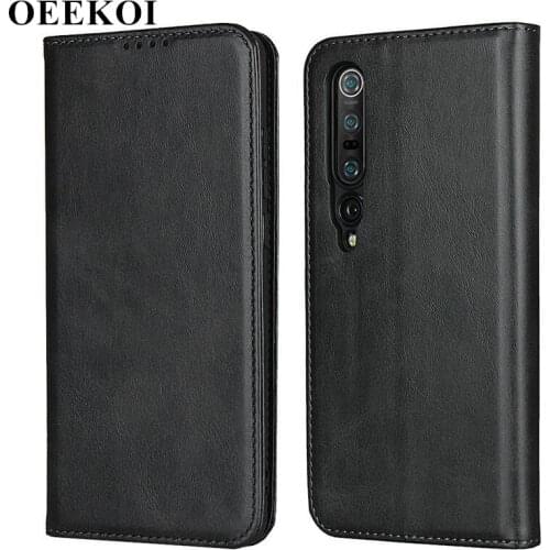 OEEKOI Calf Stripe Magnetic Snap Wallet Leather Case for Xiaomi Mi 10 Pro