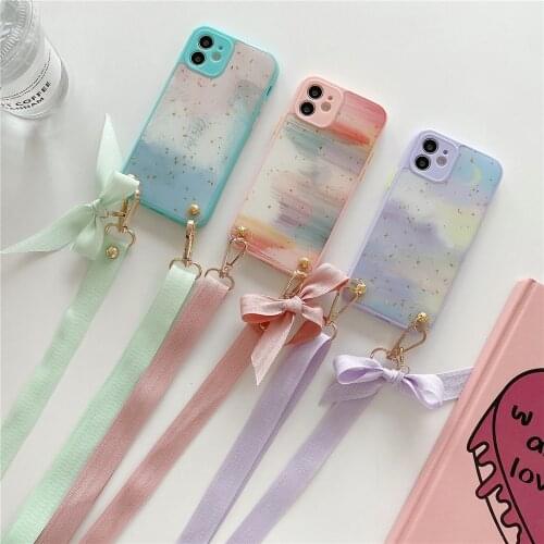 Luxury Gold Foil Bling phone Case For Apple iPhone 7 8 plus X xs max XR 11 12 Pro max 12mini cases Bow Neck Strap Lanyard Cover