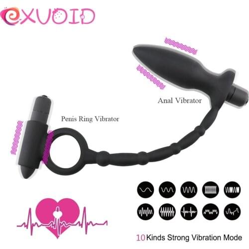 EXVOID Penis Vibrator Ring Delay Ejaculation Silicone Butt Plug Anal Vibrator Sex Toys for Men Prostate Massager Adult Products