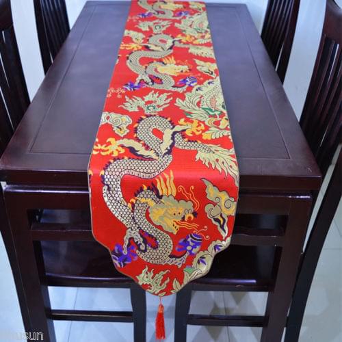 Chinese Handmade Vintage Dragon Brocade Silk Table Runner Bed Flag Tablecloth 5 colors