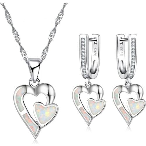 Fashion Jewelry Set Luxury Romantic Double Heart Bride Wedding Jewelry Set Lady White Opal Necklace And Earring Sets