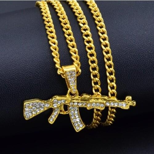 New Fashion Hip Hop Submachine Gun Pendant Necklace Crystal Ak 47 Rhinestone Bling Chain Necklace Ladies Men Rapper Jewelry