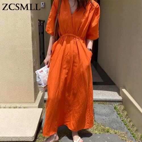 ZCSMLL V-neck solid color women dress tie waist double pocket casual short-sleeved loose fashion dress Korean summer