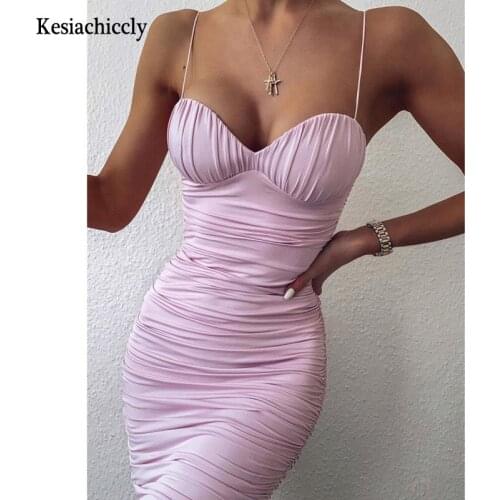 Kesiachiccly Pink women dress With Pad Double Layer Ruched Spaghetti strap Sexy Dress Sleeveless Summer Nightclub Bodycon Dress