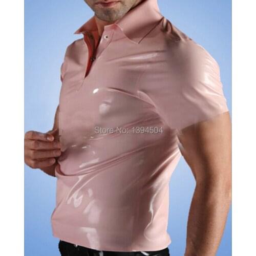 Hot special sexy lingerie cekc Catsuit pink Latex Men Shirt Uniform Maid Costume Male Short Sleeves Tops zentai fetish
