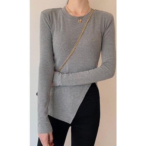 Chic Long Sleeve T-shirt Womens Fall 2021 Irregular New Slim T-shirt Temperament Qm