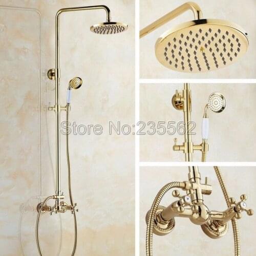 Gold Colo Brass Finish Wall Mounted Bathroom 8 inch Rain Shower Mixer Faucet Set Dual Cross Handle Taps lgf334